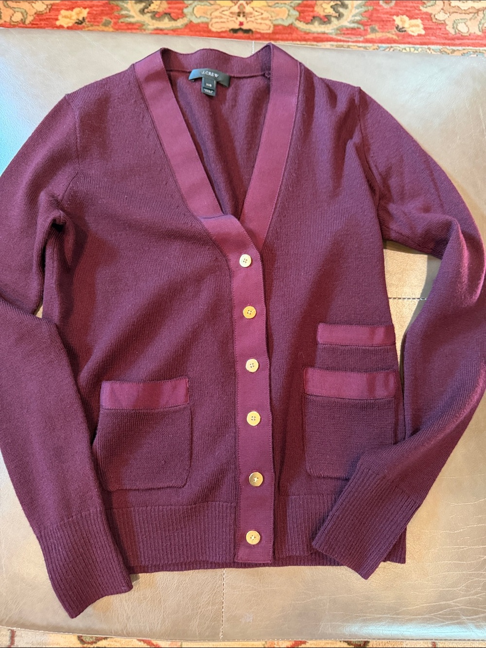 J. Crew Burgundy V-Neck Button Cardigan with Contrast Trim